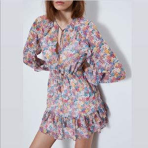 Zara RUFFLED FLORAL PRINT LONG SLEEVE MINI DRESS Size S NEW.